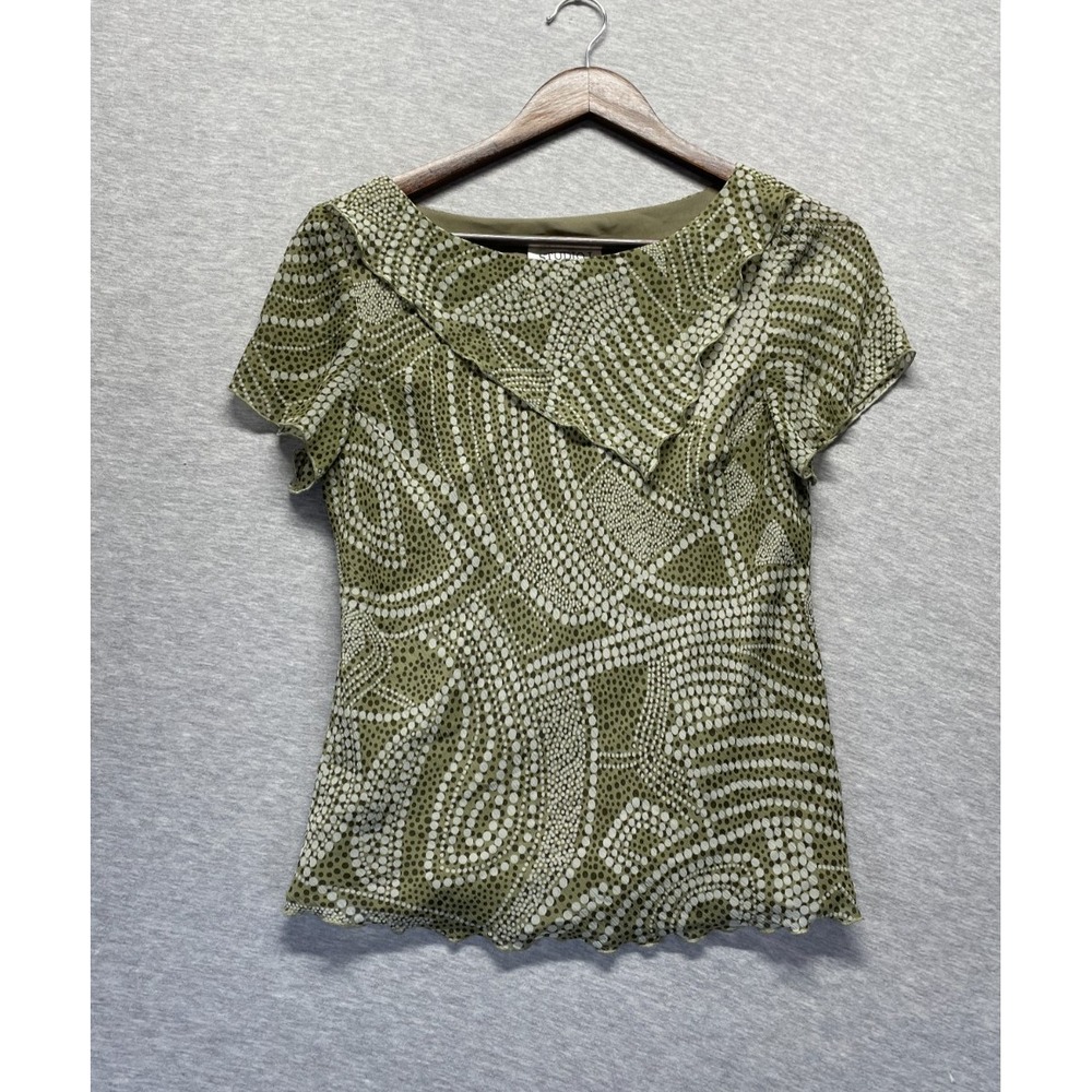 Studio 1 Blouse Top Womens 8 Olive Green Multi Abstract Polka Dot Lettuce Trim